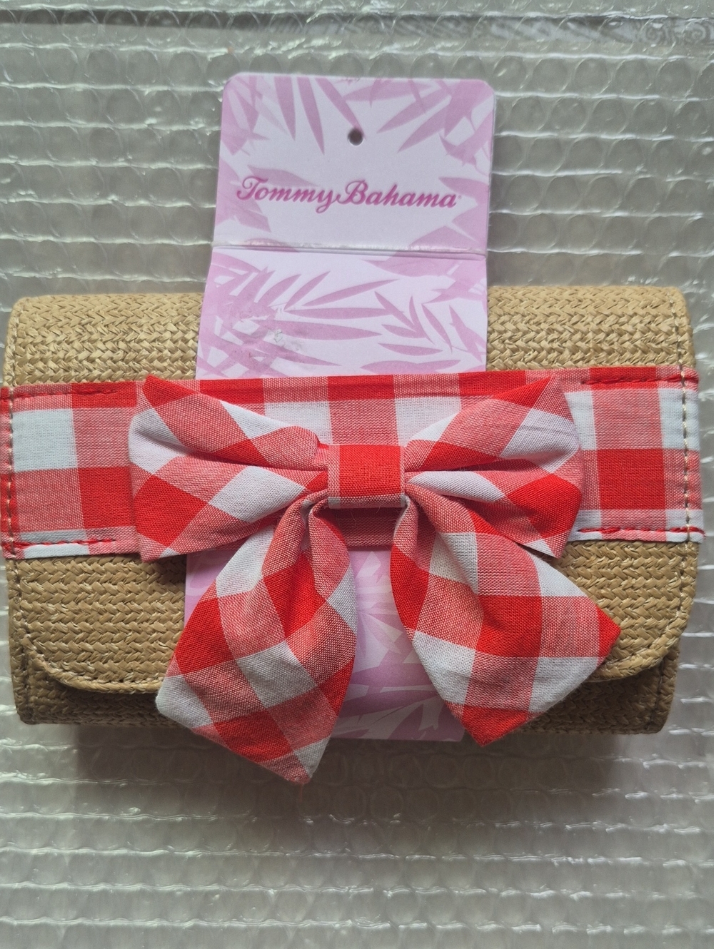 NWT Tommy Bahama Straw Clutch Bag with Red Gingham Plaid Bow